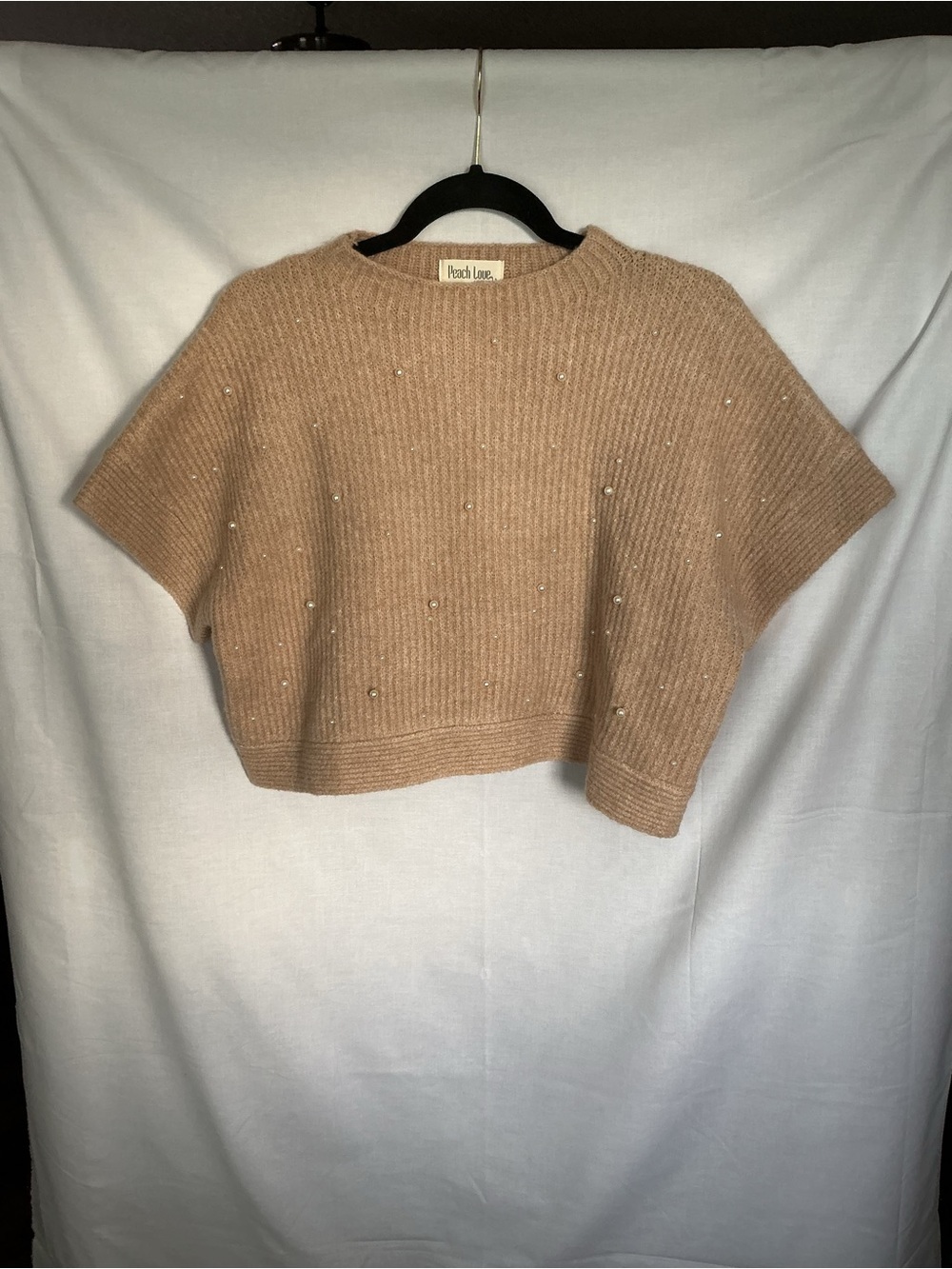 Peach Love Pearl-Embellished Taupe Brown Knit Cap Sleeve Crop Top